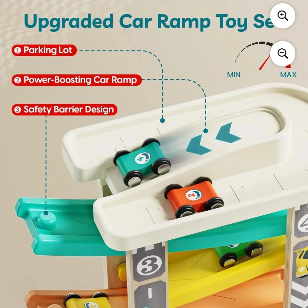 Toddler Montessori Style Wooden RaceTrack Car Ramp Toy w/ 4 Mini Cars